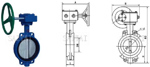 D371X蝸輪軟密封對夾蝶閥外形尺寸圖