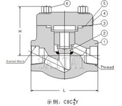  螺栓閥蓋升降式鍛鋼止回閥 結構圖1 