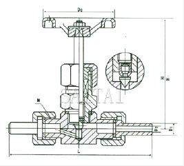 J21/3W-1.6/32P型外螺紋針型閥（帶接管）結構圖