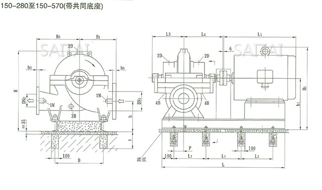 SOW中開泵（150-280 ~ 150-570）安裝尺寸